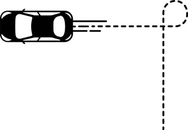 Bir üst görünüm çizgili çizgi yolu ile bir araba simgesi.