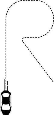 Araç simgesi en üstte. Çizgili çizgi izi olan R şeklinde bir yolda ilerliyor..
