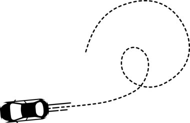 Araç simgesi en üst görüntüde eğri bir yolda çizgili bir çizgi izi ile ilerliyor.