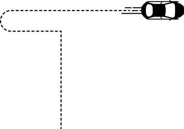 Araç simgesi en üstte. Çizgili çizgi izi olan T şeklinde bir yolda ilerliyor..