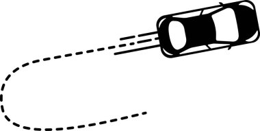 Yön değiştirmeyi gösteren eğri çizgili bir çizgi izi olan üst görünüm araba simgesi.