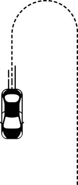 Başlangıç noktasına dönen eğri çizgi yolu ile araba simgesi (üst görünüm).