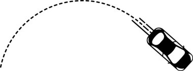 Yuvarlak bir şekilde biten eğimli çizgi yolu ile araba simgesi (üst görünüm).