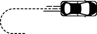 Araba simgesi (üst görünüm) eğimli çizgi yolu ile bir dönüş yapıyor.