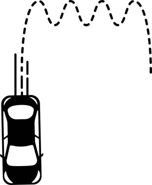 Dalgalı noktalı çizgi yolu yuvarlak bir şekilde biten araba simgesi (üst görünüm).