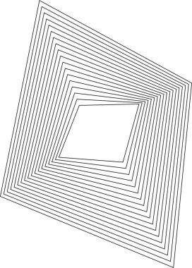 Sert kenarlı eşmerkezli kare çizgiler ve soyut geometrik akışı gösteren oyuk merkezli düzensiz şekil.