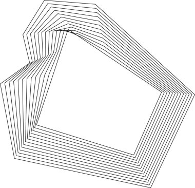 İçi boş merkezli ve açısal geometrik hareketli eşmerkezli kare çizgiler tarafından oluşturulan sert organik çokgen şekil.
