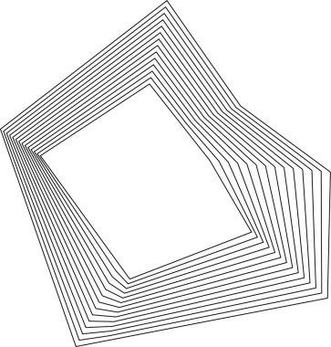 Özmerkezli çizgiler içeren kare form açılı kıvrımlar ve katmanlı doğrusal elementlerle soyut bir bileşim oluşturuyor.
