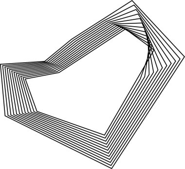 Kare ve çokgen şekillerin kombinasyonu eşmerkezli çizgilerle soyut geometrik desen oluşturur ve keskin kıvrımlar oluşturur.