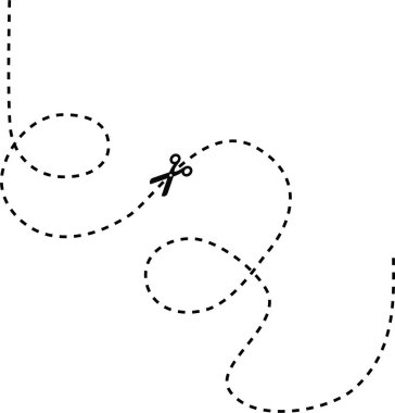 Kesme yolunu iki döngü ve eğrilerle gösteren makas simgesi ile kesilmiş bir çizgi.