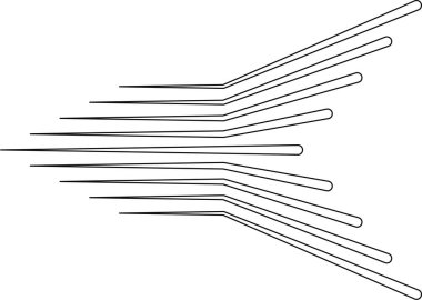 Paralel çizgiler üçgen biçimlerde, radyasyonlu, kalın kenarlı, cesur geometrik desenler oluşturarak sona erer..
