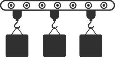 Kancalarla askıya alınmış paketleri taşıyan bir taşıma bandının grafiği, otomatik ulaşımı gösterir.