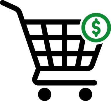 Ecommerce arabasındaki maddelere ilişkin fiyat ya da maliyeti belirten bir dolar işareti içeren alışveriş arabası simgesi.
