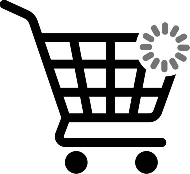 Ekommerce alışverişinde devam eden faaliyetleri gösteren yükleme veya işleme sembolü içeren alışveriş arabası simgesi.