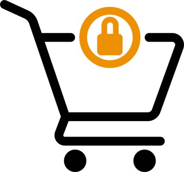 Tramvayın üzerinde kilit sembolü olan boş bir alışveriş arabası simgesi güvenli veya kısıtlı online satın alma sürecini temsil ediyor.