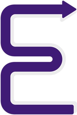 Kavisli grafik çizgisi, yuvarlak köşeli bir ok şeklinde, kontur ve gölge, alfabenin E harfini oluşturur.