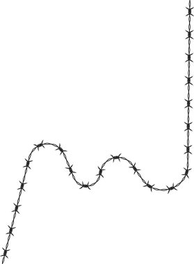 Dikenli tel, düzensiz boşluklar ve uzunluğu boyunca sivri dikenli dikenli bir çizgi oluşturuyor..