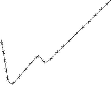 Sivri uçlu dikenli teller keskin virajlar ve sürekli dikenlerle sivri bir çizgi oluşturuyor..