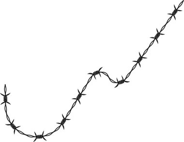 Dikenli tel, düzensiz kırıklar ve pürüzlü kenarlarla parçalanmış bir hat oluşturuyor..