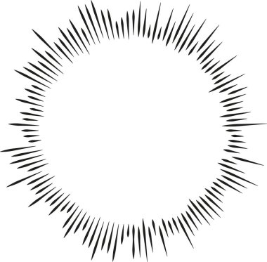 Geniş, boş bir merkezi olan dairesel şekil ve sınırın içini ve dışını kaplayan düzensiz ışınlar..