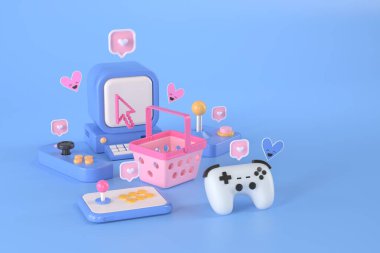 Alışveriş sepeti ve oyun bilgisayarının 3D görüntülemesi