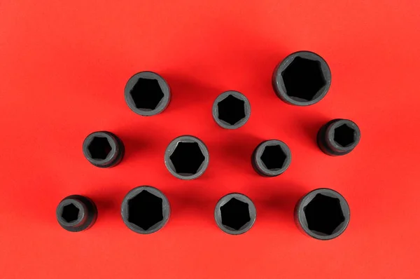 Set of hexagonal socket. Metal wrench sockets