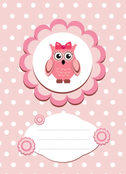 Baby card cute owl, baby owl invitation, frame for text cute animal, cartoon owl vector illustration — Stock Vector
