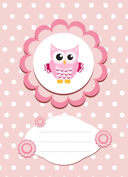 Baby card cute owl, baby owl invitation, frame for text cute animal, cartoon owl vector illustration — Stock Vector