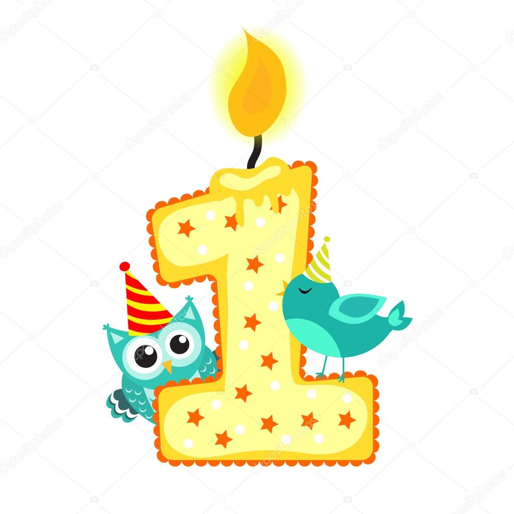 Vela de cumpleaños del número 1 por 1er aniversario. luz de velas de cera  en forma de figura brillante con llama para pastel de fiesta para niños de un  año. ilustración de