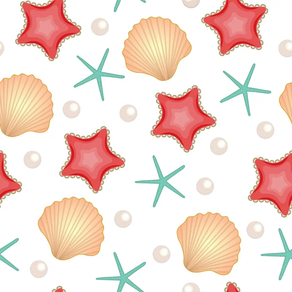 Conchas de mar textura sin costuras. Fondo marino. Lindo fondo de verano. Ilustración vectorial — Archivo Imágenes Vectoriales