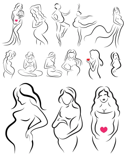 Set mujer embarazada silueta, bosquejo embarazada, símbolo vectorial aislado — Archivo Imágenes Vectoriales