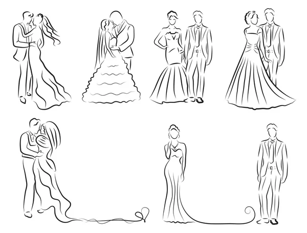 Silhouette di sposa e sposo set, sposi schizzo, disegno a mano, invito al matrimonio, illustrazione vettoriale — Vettoriale Stock