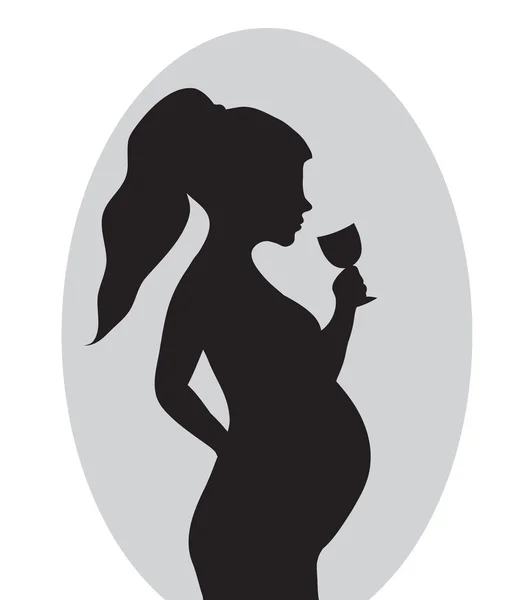 Pregnancy no drinking alcohol. Red prohibition sign-pregnant woman with a drink of wine. — Stock Vector