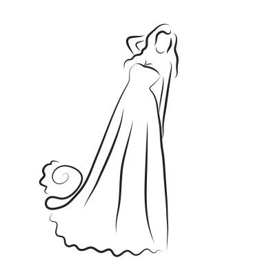 Gelin siluet, kroki gelin, Gelin bir güzel gelinlik, düğün davetiyesi, vektör