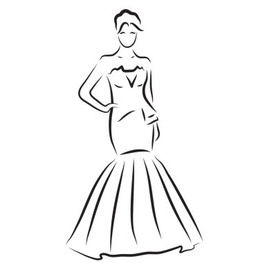 Gelin siluet, kroki gelin, Gelin bir güzel gelinlik, düğün davetiyesi, vektör