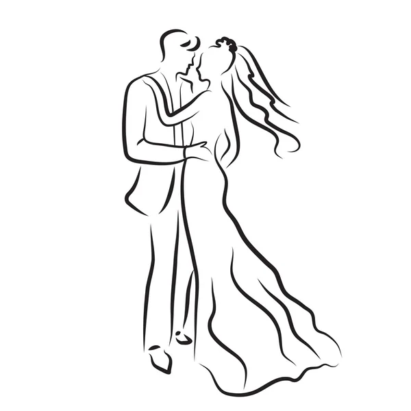 Gelin ve damat, yeni evliler kroki, siluet vektör çizim, çizim, düğün davet el
