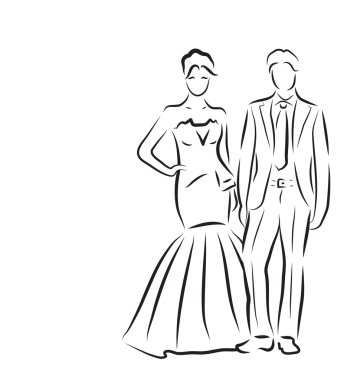 Gelin ve damat, yeni evliler kroki, siluet vektör çizim, çizim, düğün davet el