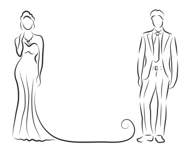 Gelin ve damat, yeni evliler kroki, siluet vektör çizim, çizim, düğün davet el