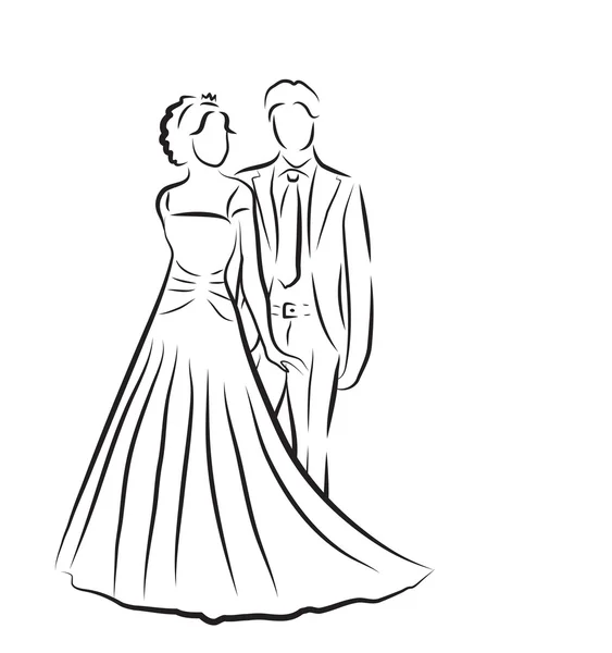 Silhueta de noiva e noivo, esboço de recém-casados, desenho de mão, convite de casamento, ilustração de vetor — Vetor de Stock