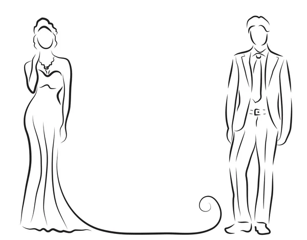 Silhouette de mariée et marié, croquis de jeunes mariés, dessin à la main, invitation de mariage, illustration vectorielle — Image vectorielle