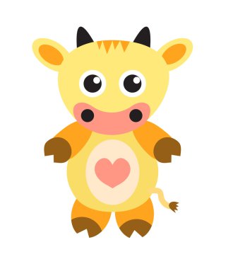 sevimli çizgi film inek karakteri, düz tasarım, çocuk oyuncak, çocuk illüstrasyon, beyaz bir arka planda yalıtım renkli inek