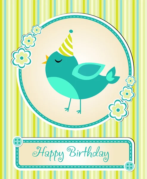 Greeting template cute children's birthday party, cartoon bird — Stock Vector