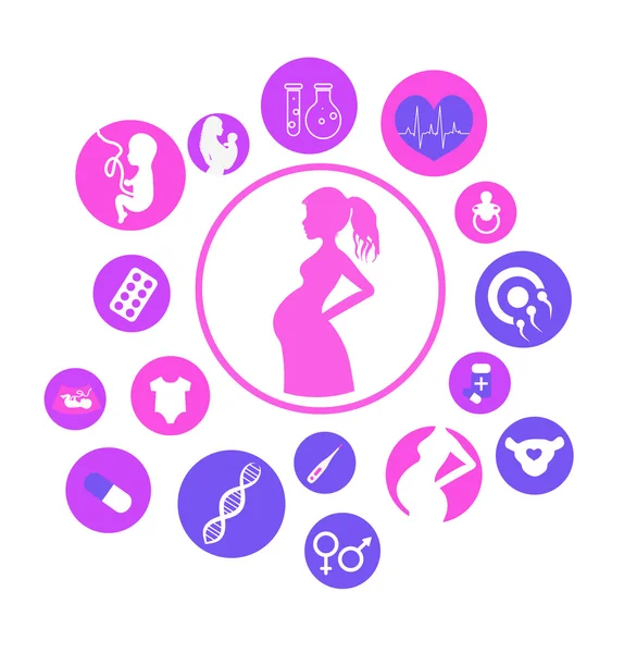 Conjunto de iconos de embarazo y bebé recién nacido. Medicina y embarazo vector iconos conjunto. Parto y maternidad. Embarazo e infografías de nacimiento . — Archivo Imágenes Vectoriales