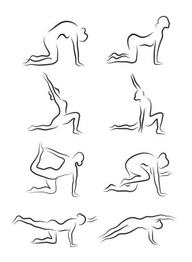 Yoga asanalarının siluetlerinin çizimleri. Kız yoga ile meşgul. vektör illüstrasyonu
