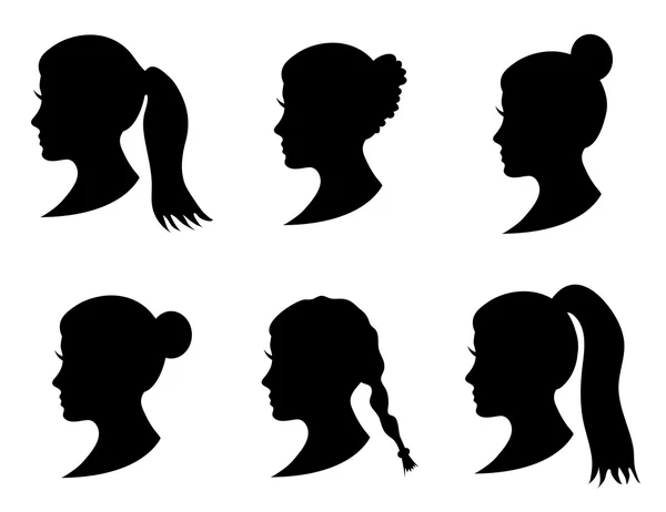 Conjunto de cabeça de menina silhueta preta com penteado diferente: cauda, rabo de cavalo, pão, penteado de trança. As mulheres jovens enfrentam no perfil com o cabelo longo. Isolado em fundo branco. Ilustração vetorial — Vetor de Stock