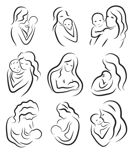 Instellen van silhouet schets moeder en kind, moeder houden van een baby. Borstvoeding symbool logo. Hand tekening, lijntekening. Vector illustratie — Stockvector