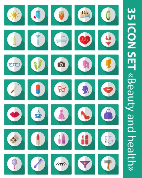 Vector set of flat icons beauty, fashion, health. Cosmetics and body care, 35 icons set. — Stock Vector