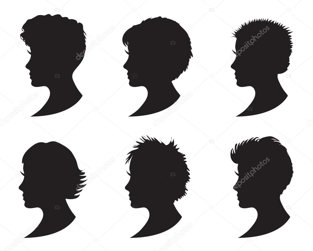 Set of black silhouette girl head with different hairstyle 