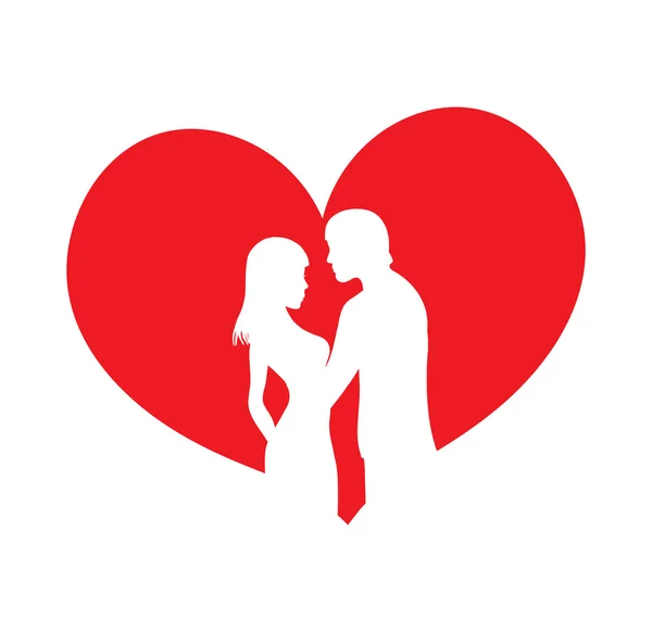 Ζευγάρι των εραστών silhouetted κατά την καρδιά, διάνυσμα ημέρα του Αγίου Βαλεντίνου — Διανυσματικό Αρχείο