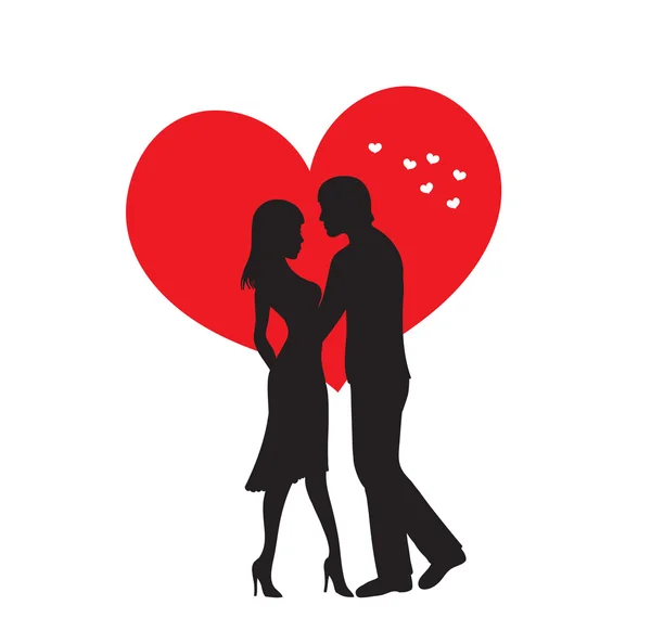 Couple d'amoureux silhouette contre le cœur, Happy Valentine's Day Vector — Image vectorielle